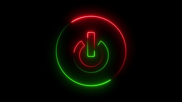 Glowing neon red and green color power button switch icon animation technology shutdown screen turn on off button stop startup computer and mobile phone electric futuristic on black background	