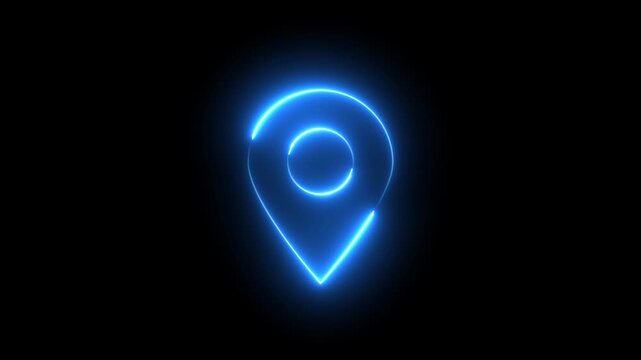 Glowing neon blue color location map sign icon animation position tracking direction address mobile, tags, travel, journey place navigation target, point, marker icon sign symbol on black background