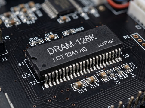 Dynamic random access memory dram chip soldered to black printed circuit board close up.