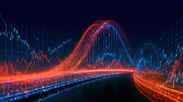Abstract futuristic data visualization with glowing red and blue digital waveforms representing information flow and technology concept