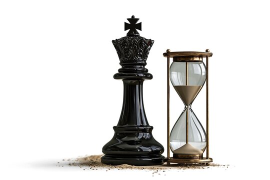A black chess king piece standing next to an hourglass on a white background