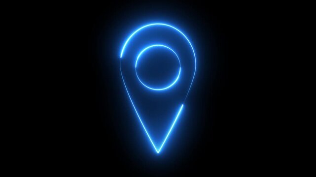 Glowing neon blue color location map sign icon animation position tracking direction address mobile, tags, travel, journey place navigation target, point, marker icon sign symbol on black background