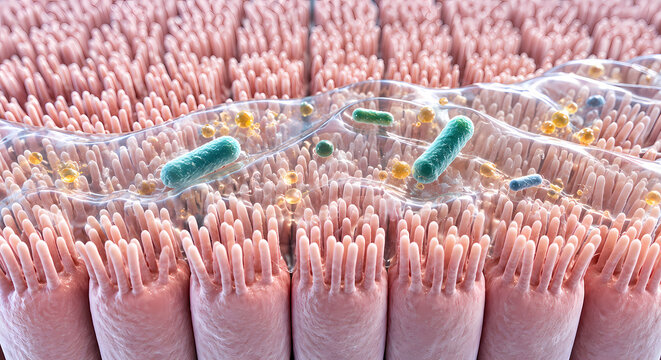 Microscopic View of Intestinal Villi with Gut Microbiome Bacteria and Mucus Layer