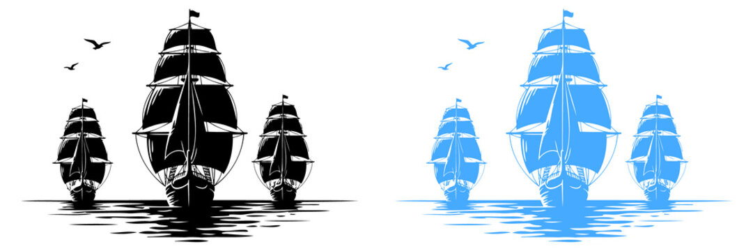 Four sailing ships with full sails and flags on the water with birds flying above in black and blue silhouettes 1