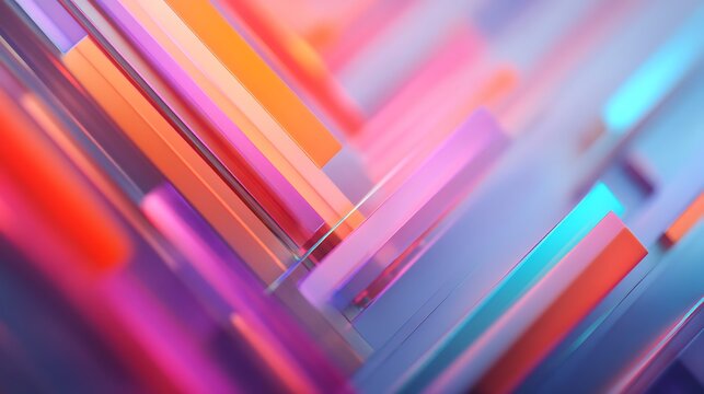 Colorful translucent rectangular prisms layered and angled, creating a dynamic abstract scene with vibrant pink, orange, purple, and blue hues.