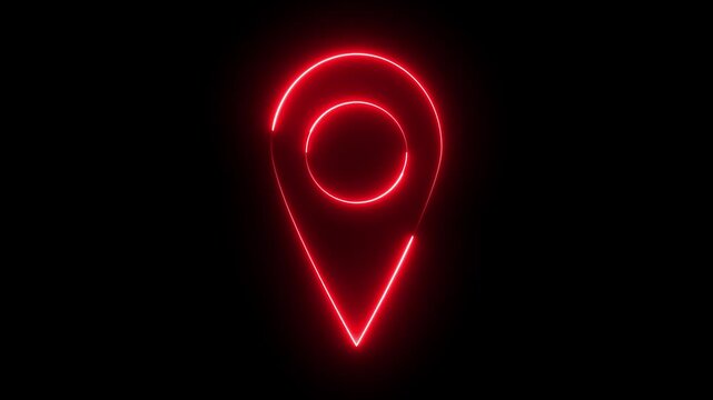 Glowing neon red color location map sign icon animation position tracking direction address mobile, tags, travel, journey place navigation target, point, marker icon sign symbol on black background