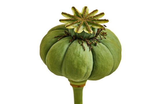 Closeup of a green opium poppy seed pod isolated on white background