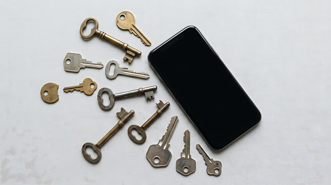 Gold keys and tools on black smartphone case