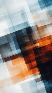 Abstract geometric digital art featuring overlapping translucent rectangles in shades of blue, orange, black, and white.