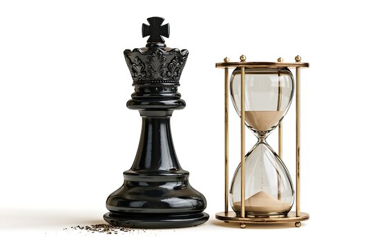 Black chess king piece standing next to a vintage hourglass isolated on white background