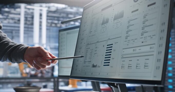 Interactive Touchscreen Displays Robotic Engineering Data As Specialist Uses Stylus For Design Analysis, Reviewing Component Layouts, System Connections, And Technical Parameters During Review.