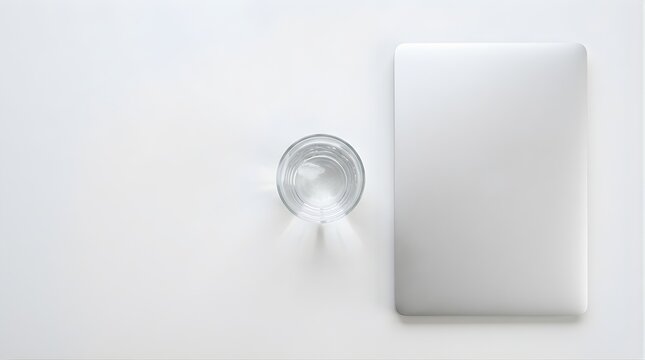 Minimalist overhead flat lay with closed laptop and cold water glass on white desk