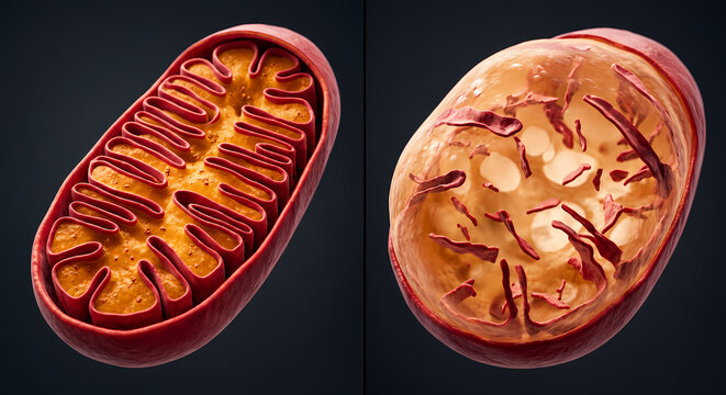 Comparison of Intact Healthy Mitochondrion and Damaged Degenerated Mitochondrion Structure