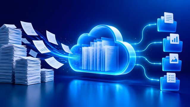 Cloud computing document management system transferring paper files into organized digital folders