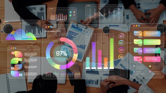 Vibrant Data Analytics Visualization Overlaid on Professional Meeting Table with Charts, Graphs, and Collaborative Tools for Business Insights Sigmoid