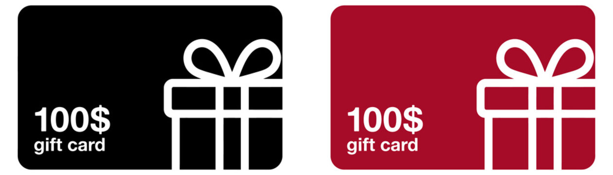 Two simple gift cards with 100 dollar value and gift box on black and red backgrounds