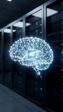 Glowing artificial intelligence brain above server racks in dark data center