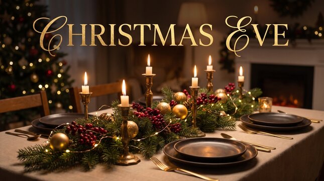 Christmas Eve festive dinner table setting, elegant holiday banquet with candles and gold ornaments, cozy winter home interior with fireplace