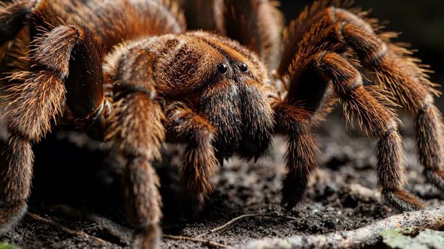 Close-up macro photograph of a hairy brown tarantula spider with detailed legs and body, resting on dark soil.