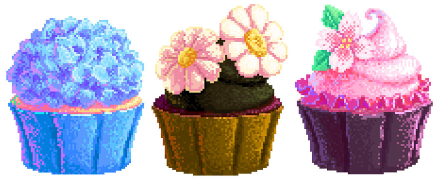 Flower cupcake, Hydrangea, Daisy, Sakura or cherry blossom in pixel art