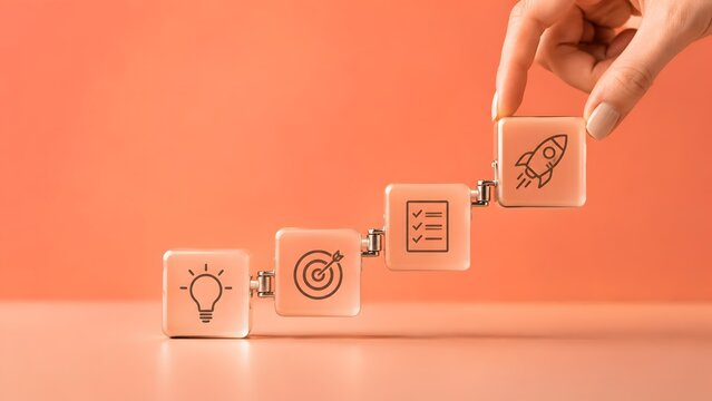Connected Business Growth Strategy Steps from Idea to Success Rocket Concept
