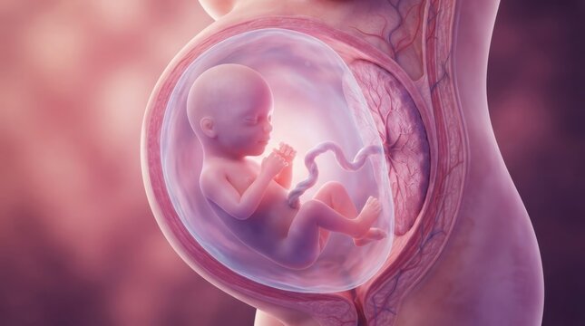 Fetus inside transparent amniotic sac in womb illustration