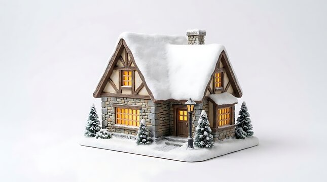 Cozy snow-covered wooden house with christmas lights