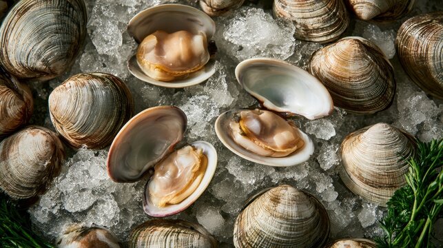 Fresh raw clam seafood on crushed ice with open clam showing meat ready for cooking or eating in natural light