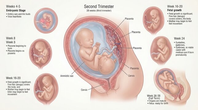 Fetal development stages in the womb diagram illustration