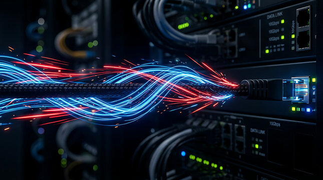Ethernet cable connected to a server rack with stylized data transfer visualization