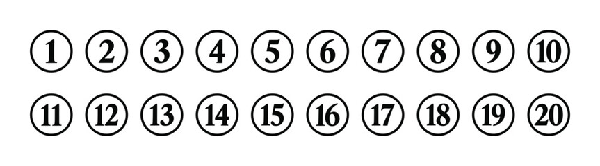 Obraz premium Bullet Points icon set in line style, Simple round numbers in flat style, Set of 1-20 numbers simple black symbol sign for apps, UI, and website, icon vector illustration.