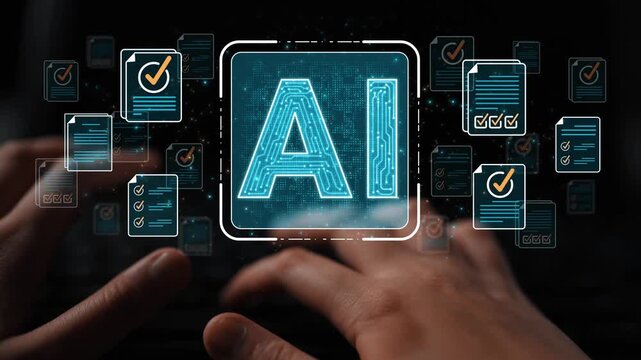 Hands Typing on Keyboard with AI Symbol and Digital Documents Representing Artificial Intelligence Technology and Data Processing in a Modern Workspace Sigmoid