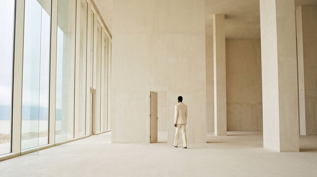 Young boy looking out a large window in a modern minimalist home interior