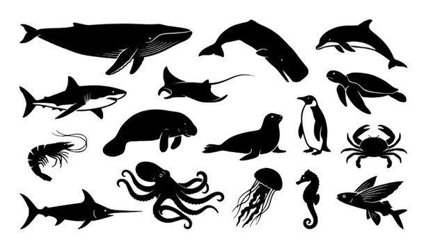 Black Ocean Wildlife Silhouette Set with Whales Dolphins Sharks and Marine Animals