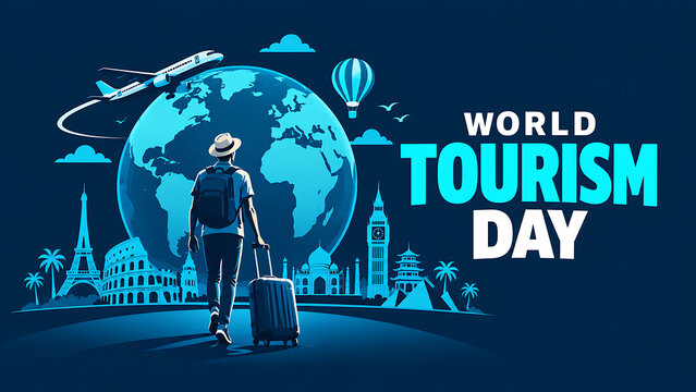 World tourism day concept with a traveler walking towards a globe with iconic world landmarks and travel elements, world tourism day 2026, tourism day 2026, tourism day