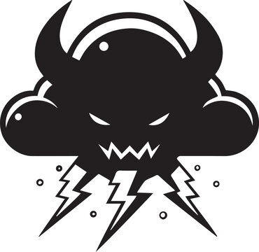 Black and white evil storm cloud mascot with horns and lightning bolts for halloween, vector silhouette icon design