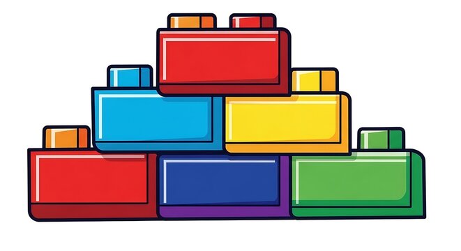 Colorful interlocking building blocks arranged in ascending pyramid structure for educational materials