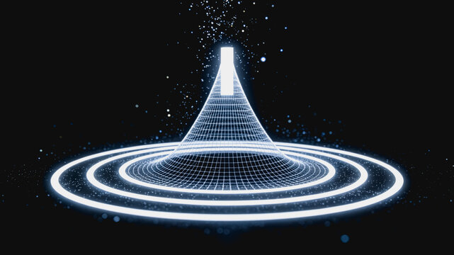 A glowing 3D digital grid structure with orbital rings and scattered particles against a dark background, representing futuristic tech concepts.