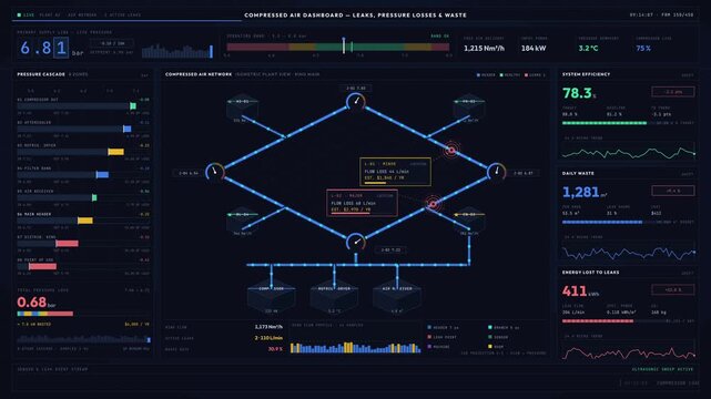 A detailed dark-mode compressed air monitoring dashboard visualizes leaks, pressure losses, and waste with animated graphics and real-time data metrics for industrial applications.