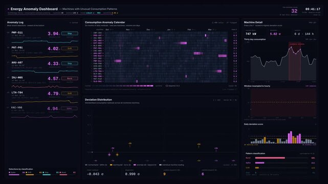 A dark-mode energy anomaly dashboard showcasing machines with unusual consumption patterns, featuring vibrant neon accents and detailed statistical visualizations for anomaly detection.