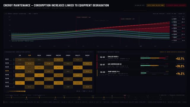 Explore the Energy Maintenance Dashboard showcasing consumption increases linked to equipment degradation with predictive analytics and real-time data visualization.