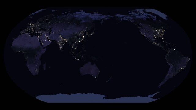 Robinson world map projection at night. City lights illuminate the continents. This shows global distribution of civilization. Elements of this animation derived from NASA imagery.
