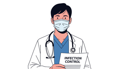 Fototapeta premium Color vector illustration of a male doctor wearing a face mask and white coat with a stethoscope, holding an infection control document.