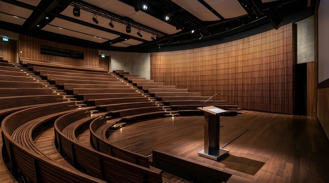 Wooden lecture hall auditorium featuring tiered seating and a modern central speaker podium bathed in warm professional stage spotlight illumination