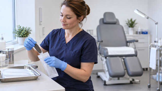 Podiatrist in blue scrubs packing a sterile callus reduction file in clinic