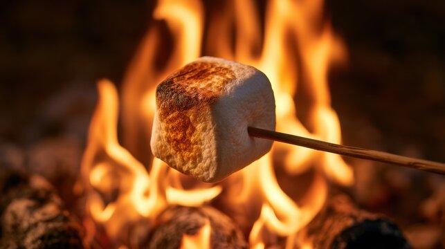 Close-up of a marshmallow roasting over an open campfire flame with wooden stick in outdoor evening setting
