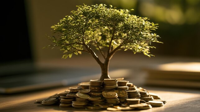Small tree growing on pile of gold coin on wooden table representing financial growth and investment concept with sunlight background