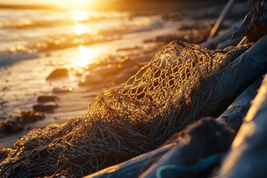 Coastal debris and fishing net at sunset.