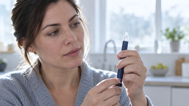 Woman checking insulin pen needle with droplet before medical injection at home