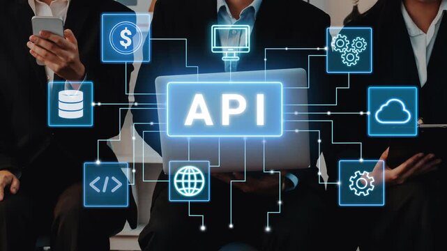 Business Professionals Using API Technology for Digital Solutions in Modern Life and Work Environments with Infographic Elements Highlighting Connectivity. Entropy.